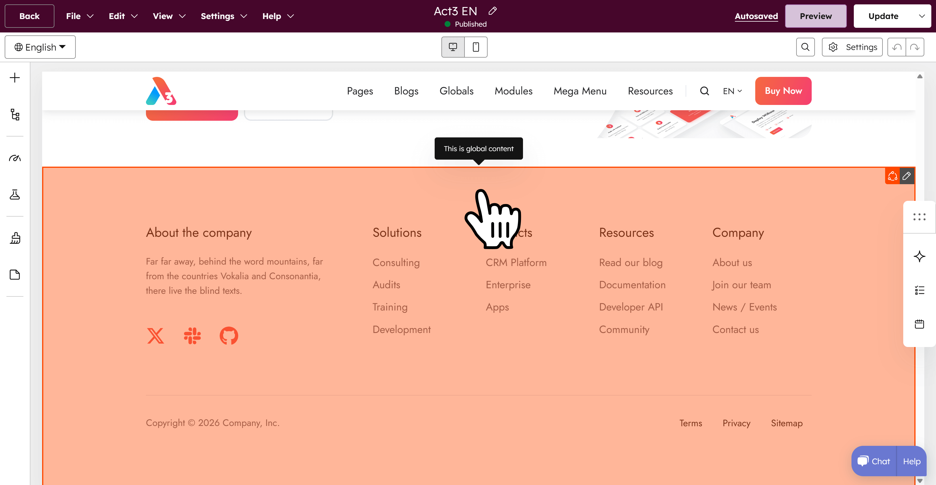 Act3 Page Editor Edit Global Footer In Global Content Editor
