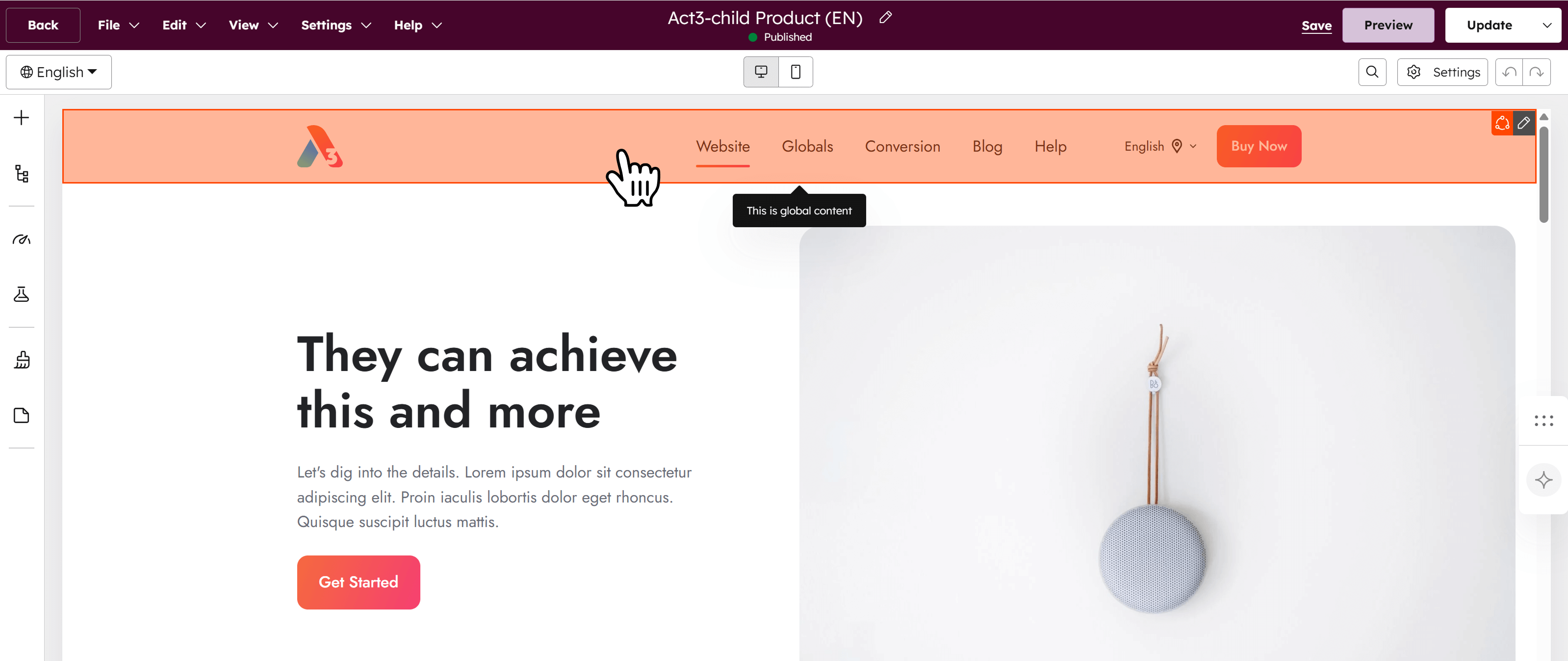 Act3 Page Editor Edit Global Header In Global Content Editor