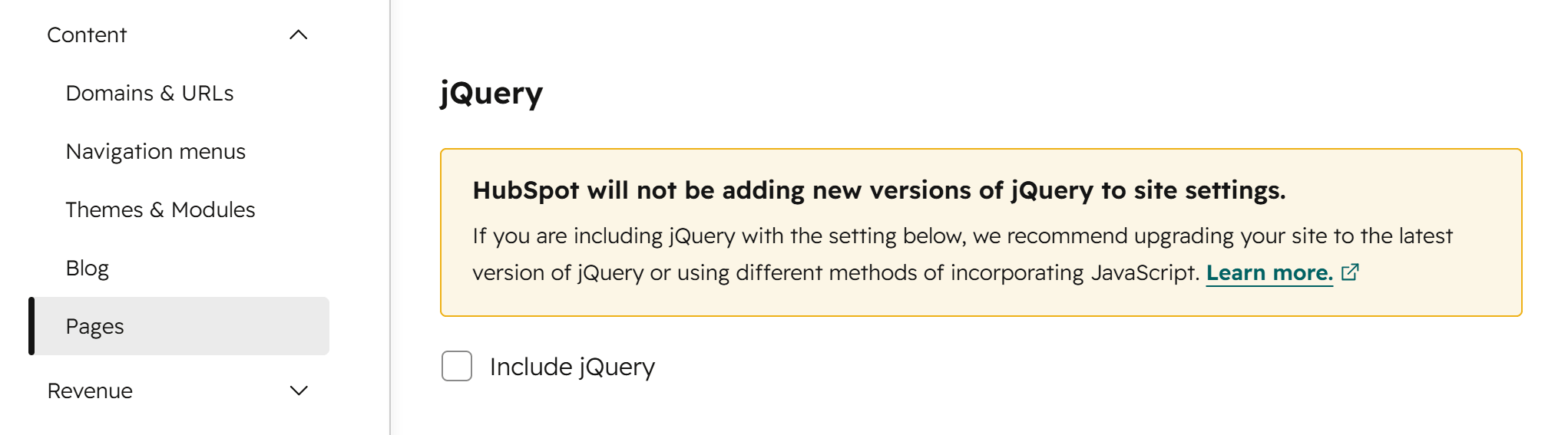 Hubspot Settings Disable Jquery