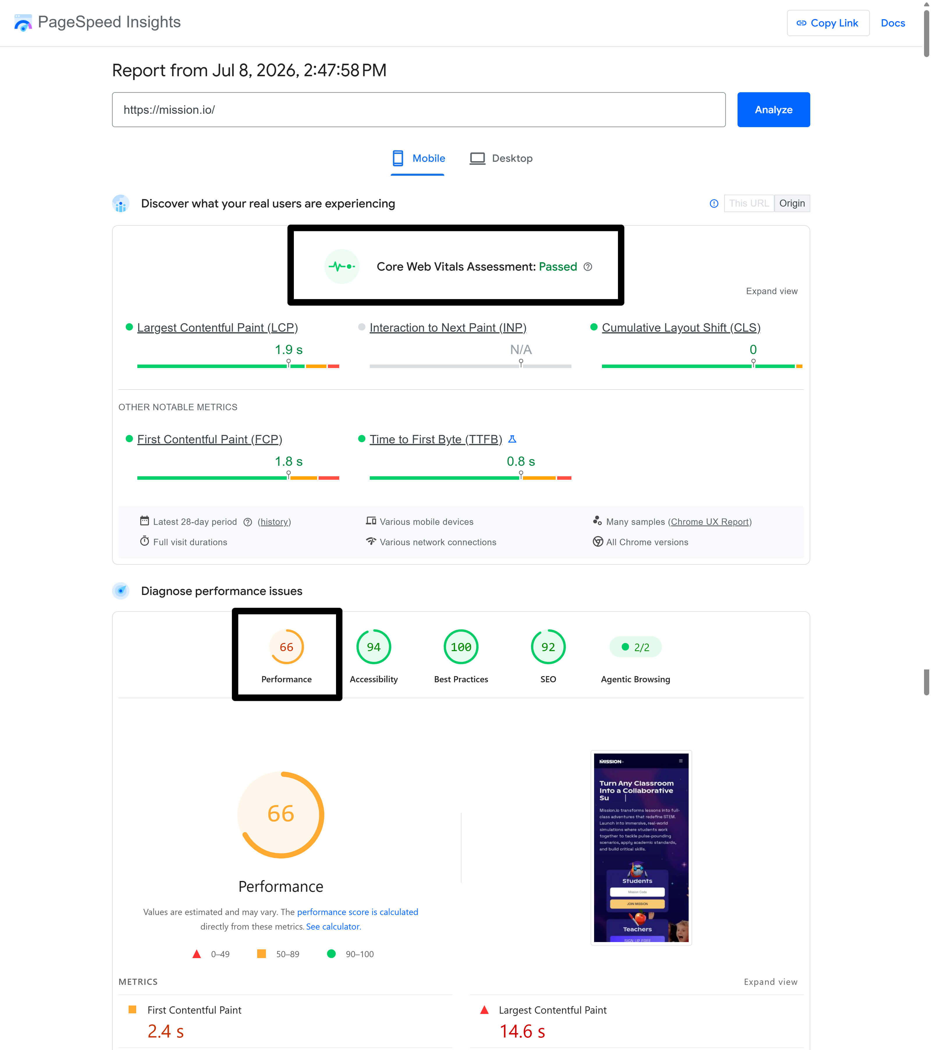 Mission Io Mobile Pagespeed Insights Score Highlights